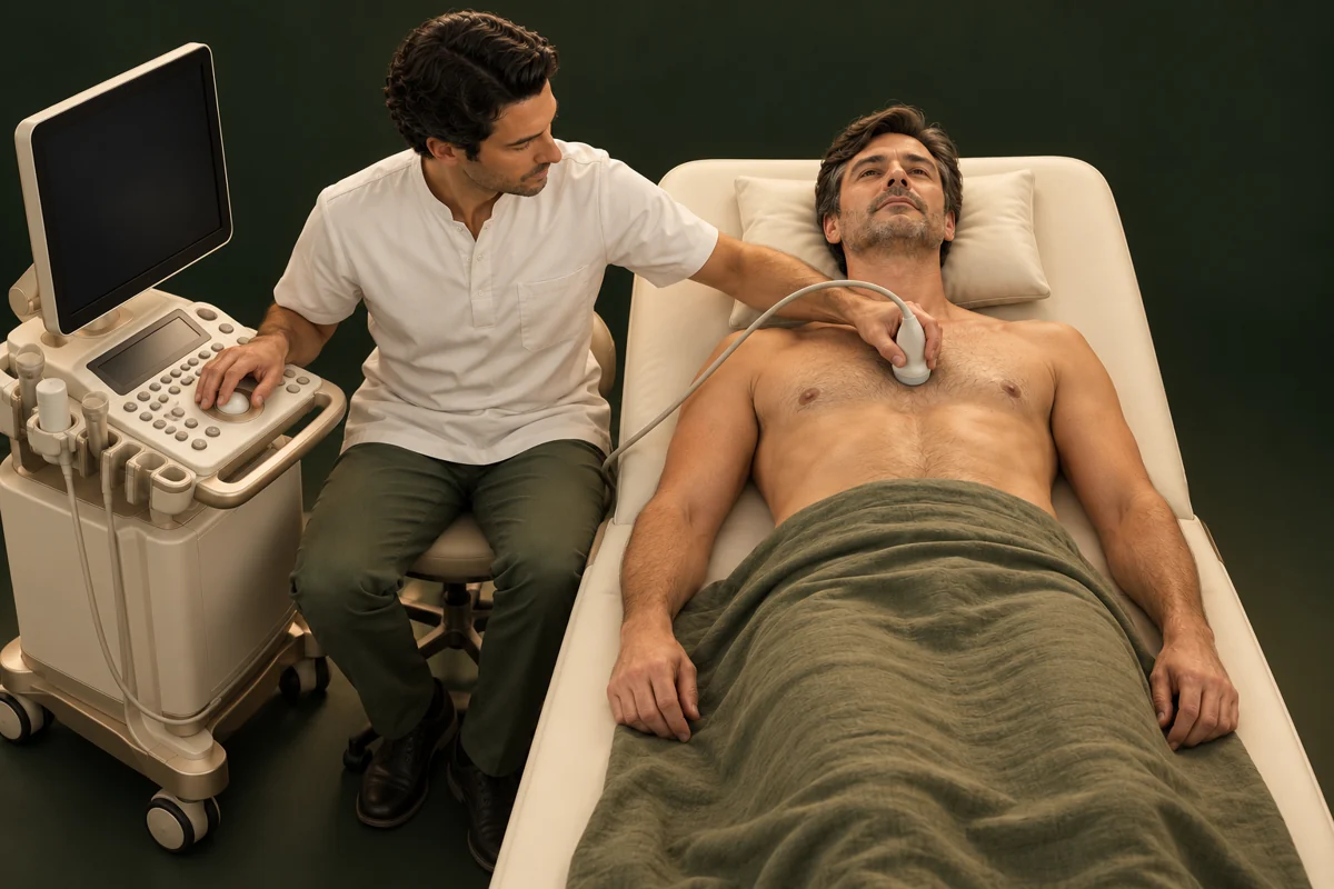 Illustration d’un patient allongé sur le dos, avec le cardiologue assis à sa droite et la sonde d’échographie sur le thorax.