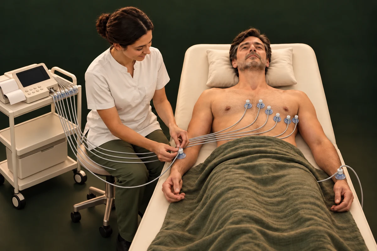 Scène illustrée : le patient est allongé sur le dos ; l’assistante médicale, à sa droite, termine la pose des électrodes à ventouses, déjà en place sur le thorax et le bras gauche.