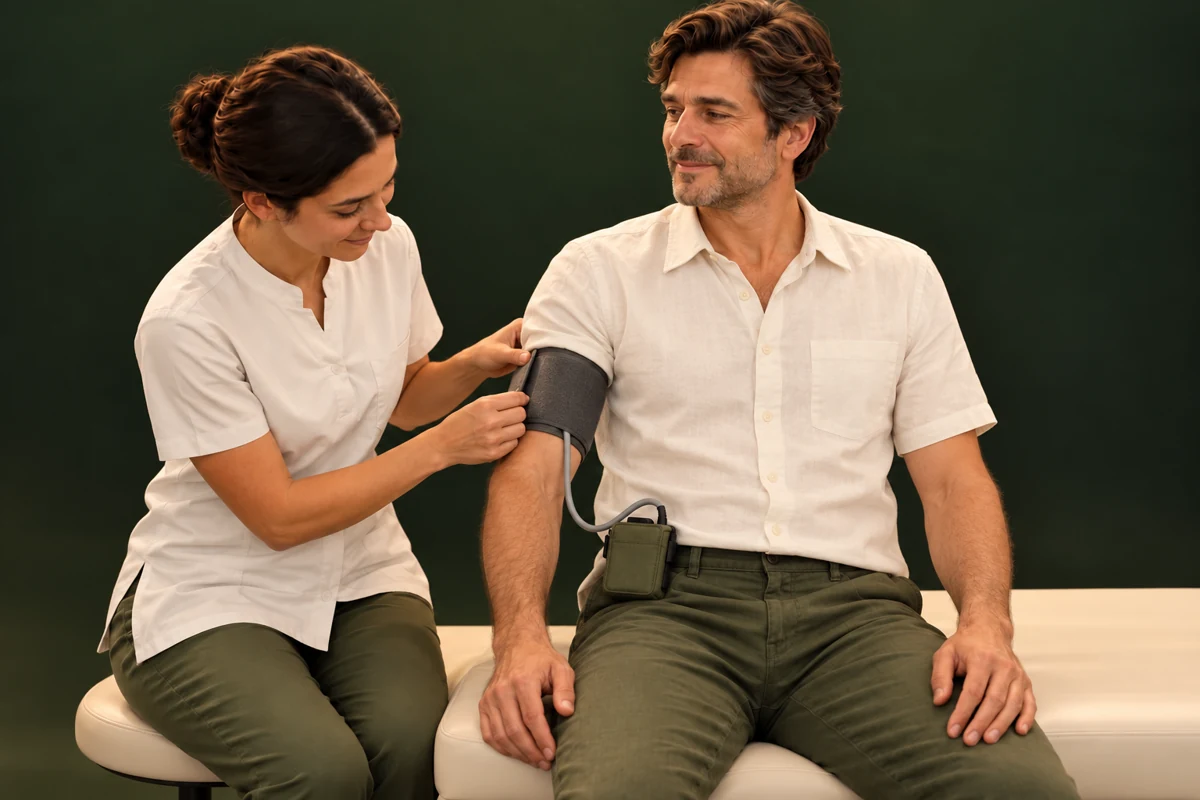 Scène illustrée : l’assistante ajuste un brassard sur le bras nu d’un patient assis. Un tuyau relie le brassard au petit enregistreur porté à la ceinture.